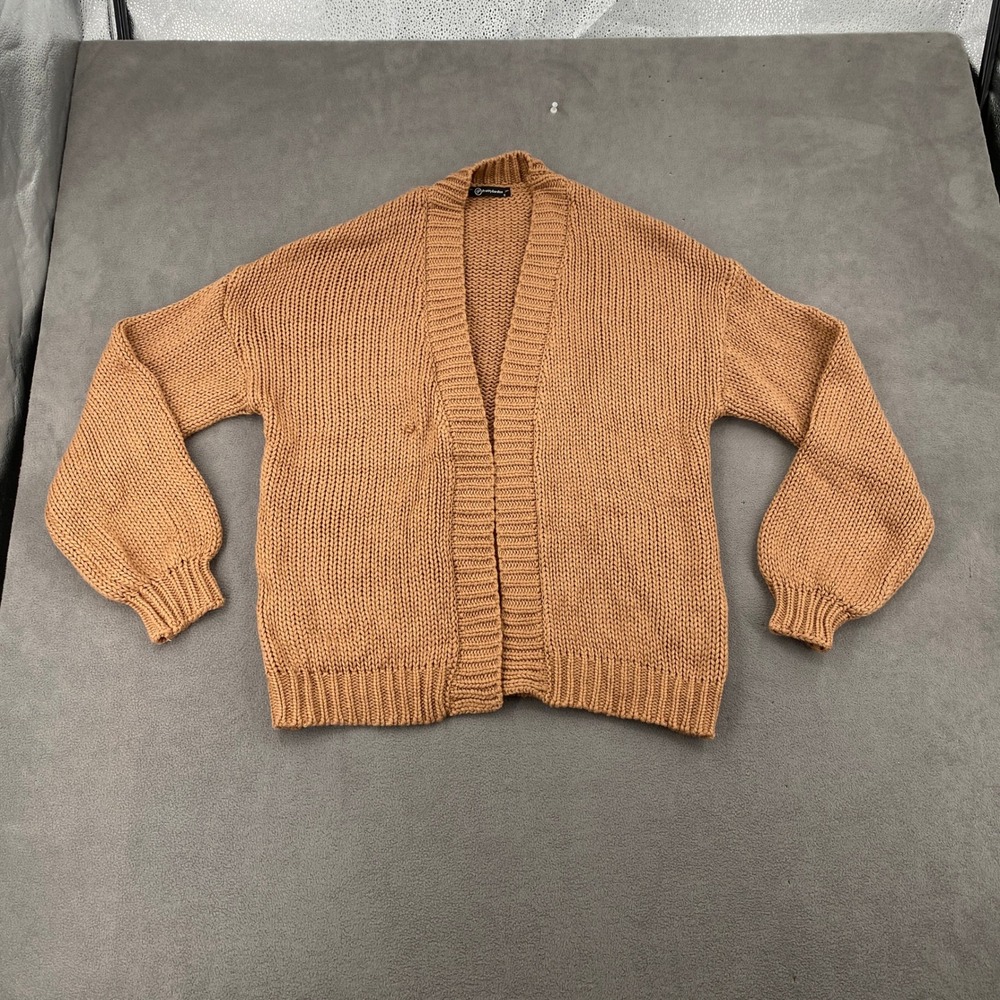 PrettyGarden Womens Brown Chunky Knit Cardigan Lantern Sleeve Open Front Sweater